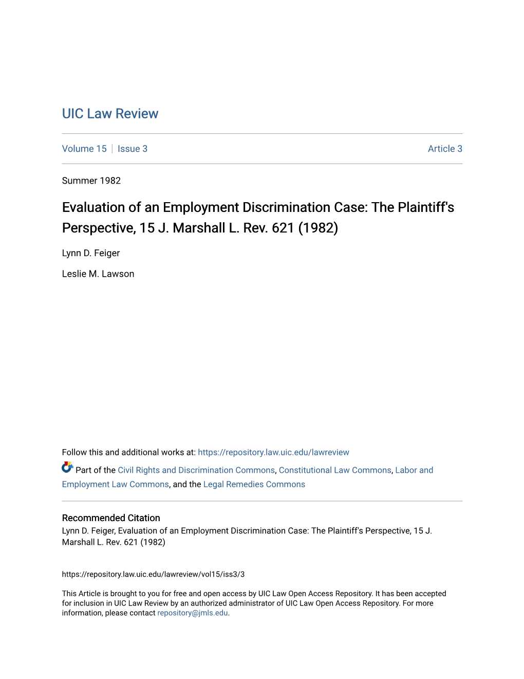 Evaluation of an Employment Discrimination Case: the Plaintiff's Perspective, 15 J