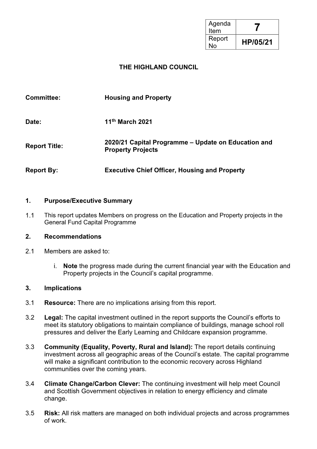 Item 7. 2020/21 Capital Programme – Update on Education and Property Projects