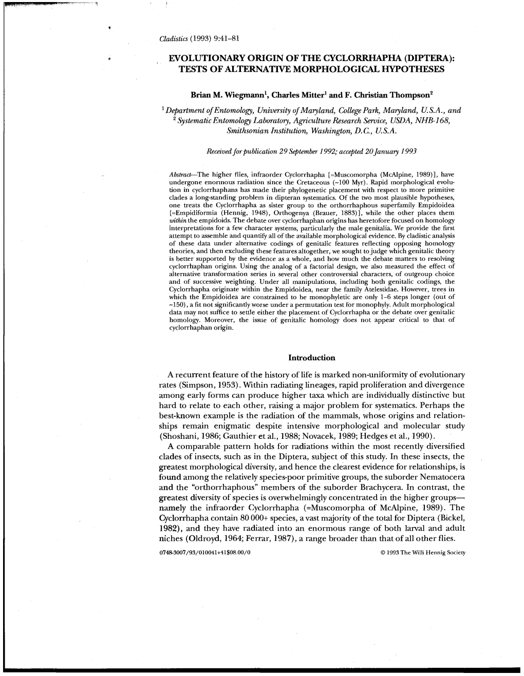 Diptera): Tests of Alternative Morphological Hypotheses