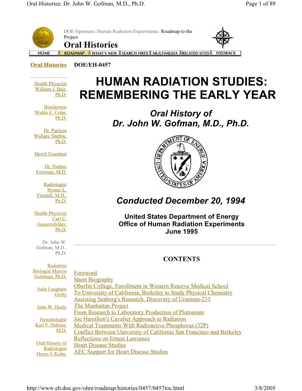 Human Radiation Studies: Remembering the Early Year