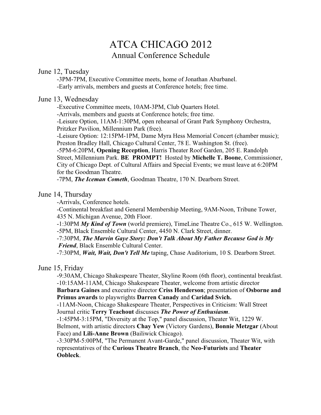 ATCA CHICAGO 2012 Annual Conference Schedule