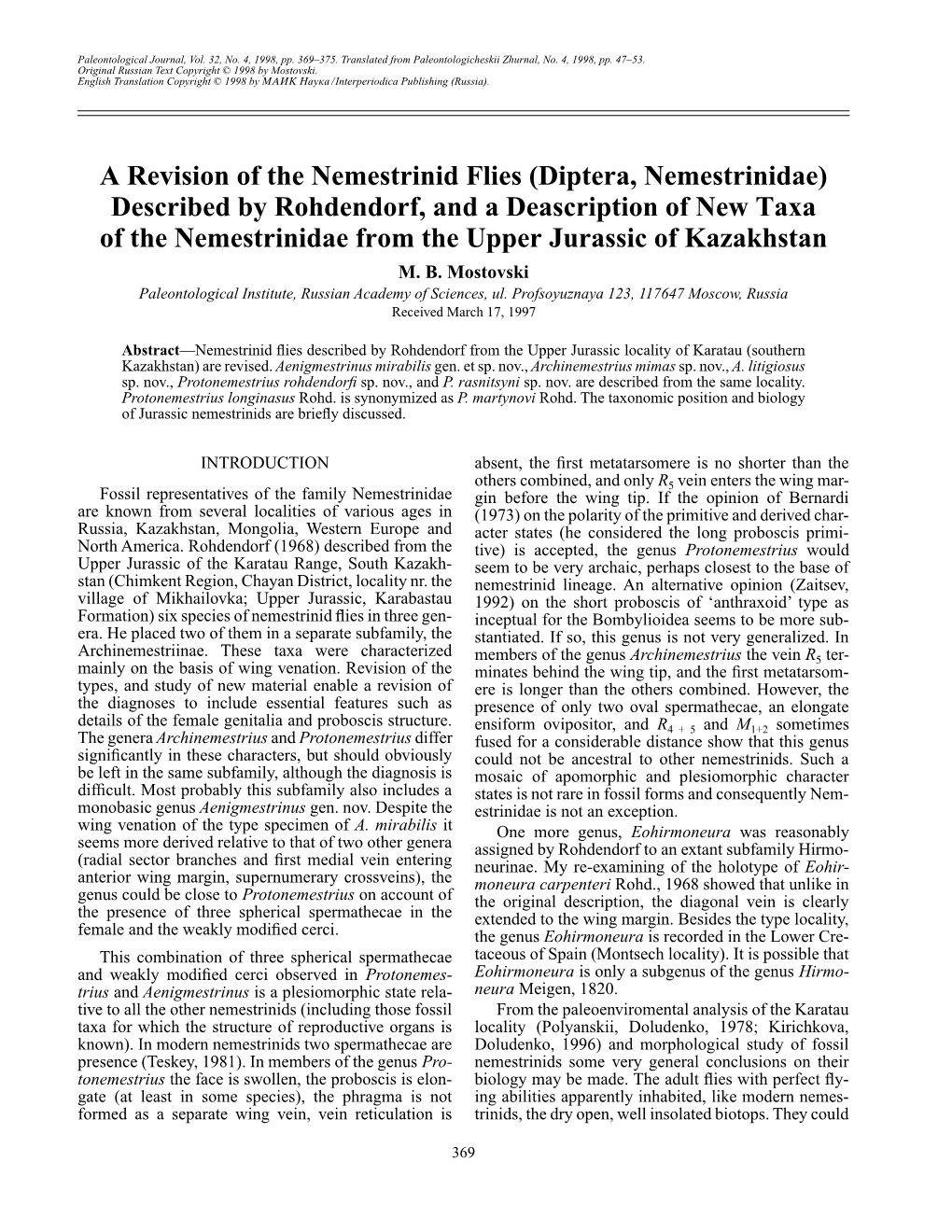 A Revision of the Nemestrinid Flies (Diptera, Nemestrinidae)