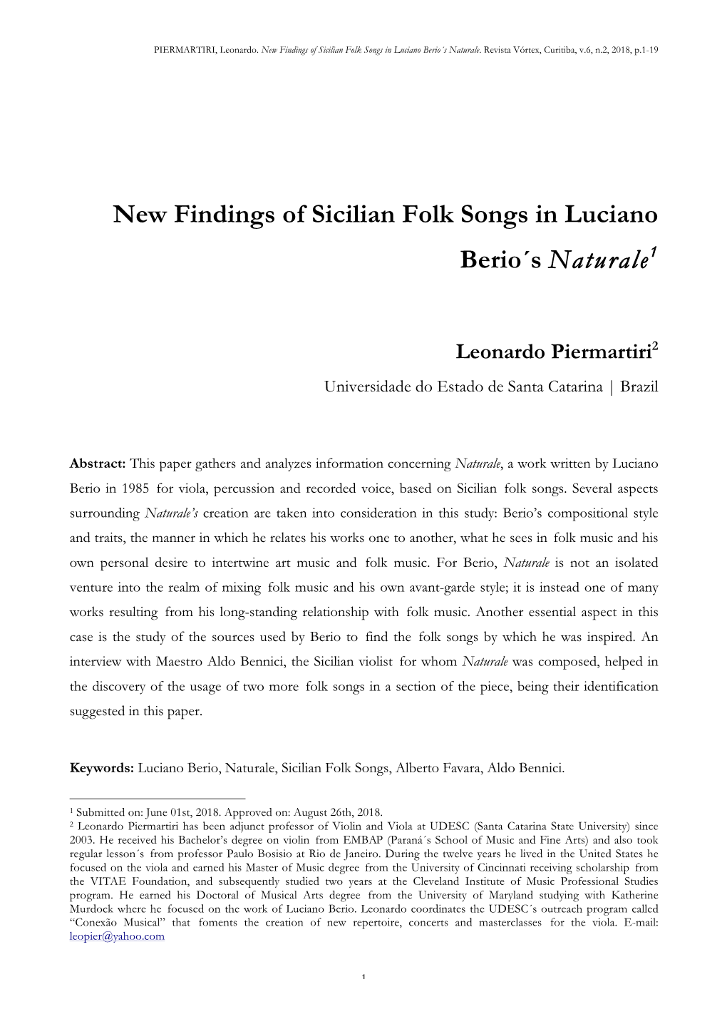 New Findings of Sicilian Folk Songs in Luciano Berio´S Naturale1