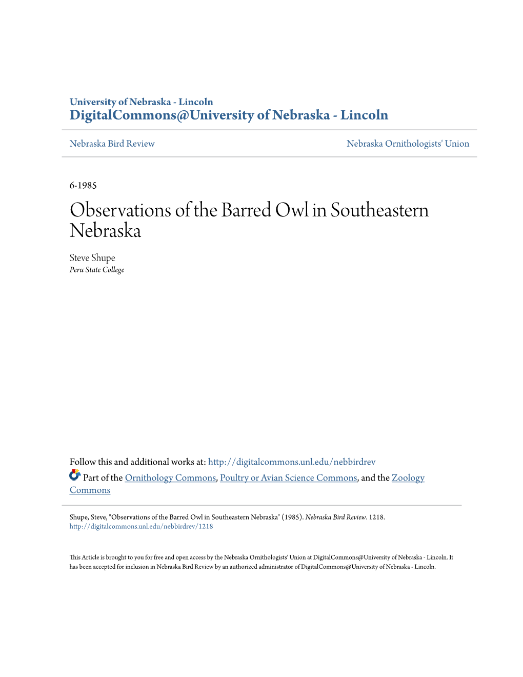 Observations of the Barred Owl in Southeastern Nebraska Steve Shupe Peru State College