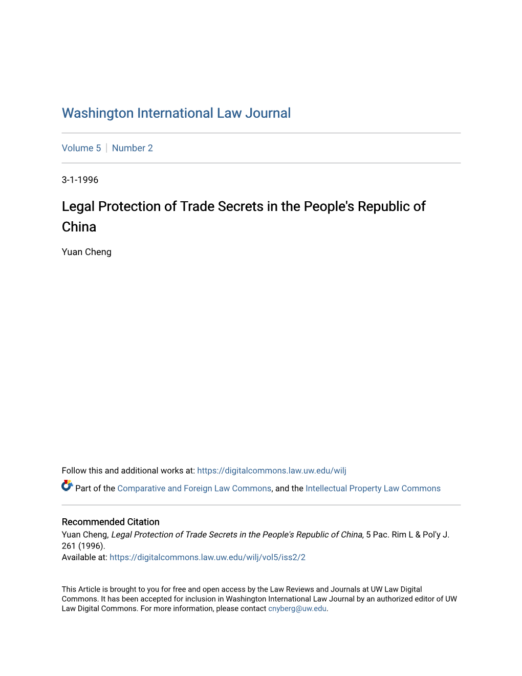 Legal Protection of Trade Secrets in the People's Republic of China