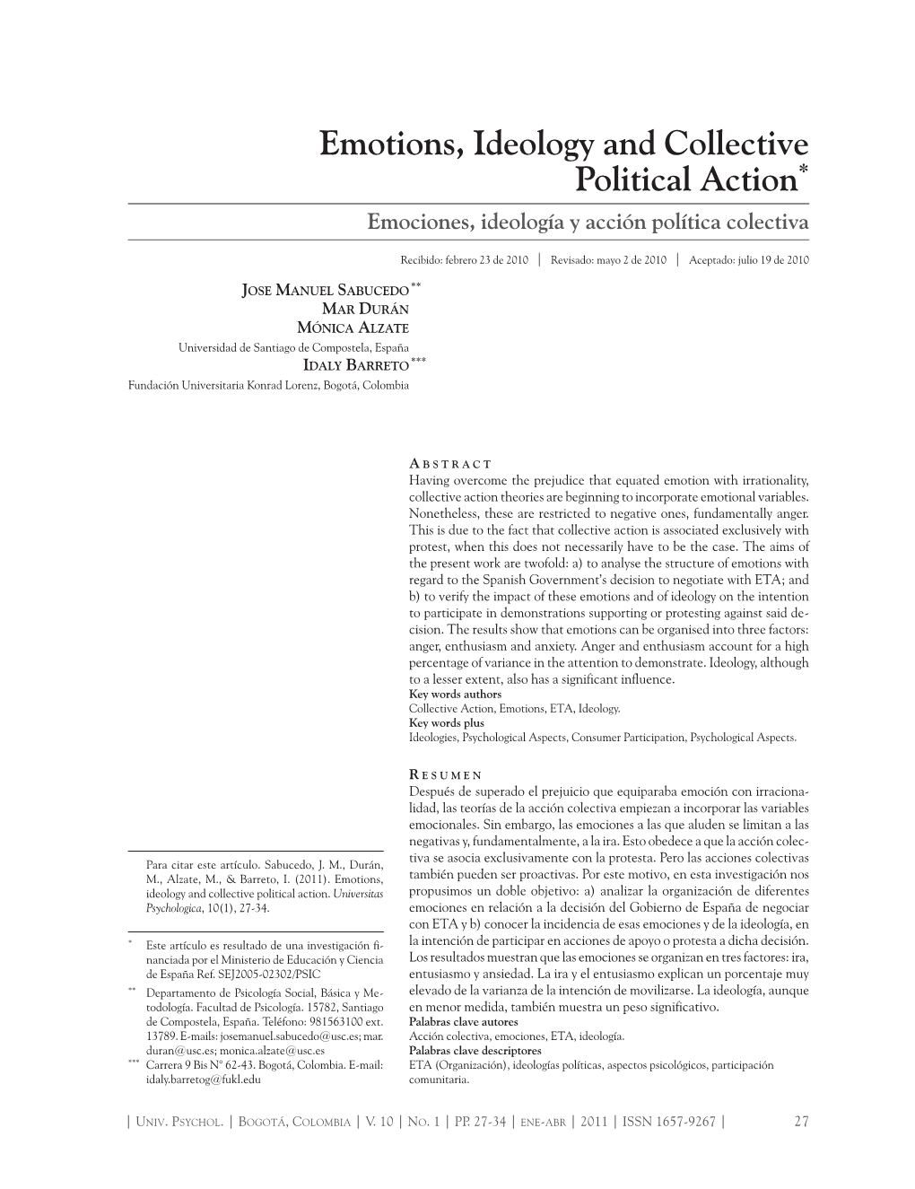 Emotions, Ideology and Collective Political Action* Emociones, Ideología Y Acción Política Colectiva