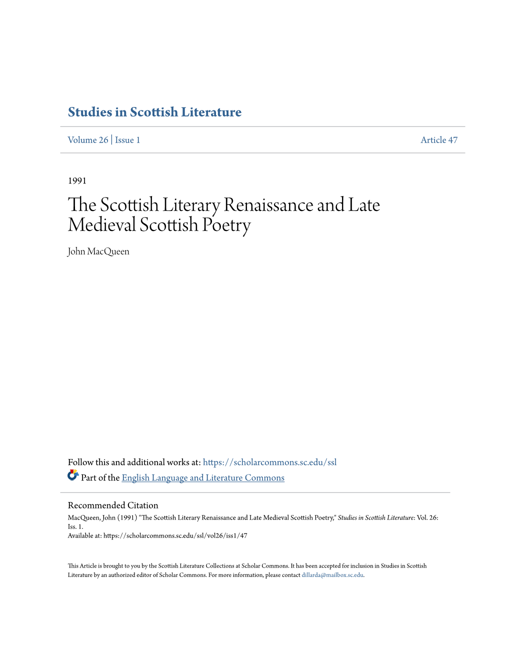 The Scottish Literary Renaissance and Late Medieval Scottish Poetry