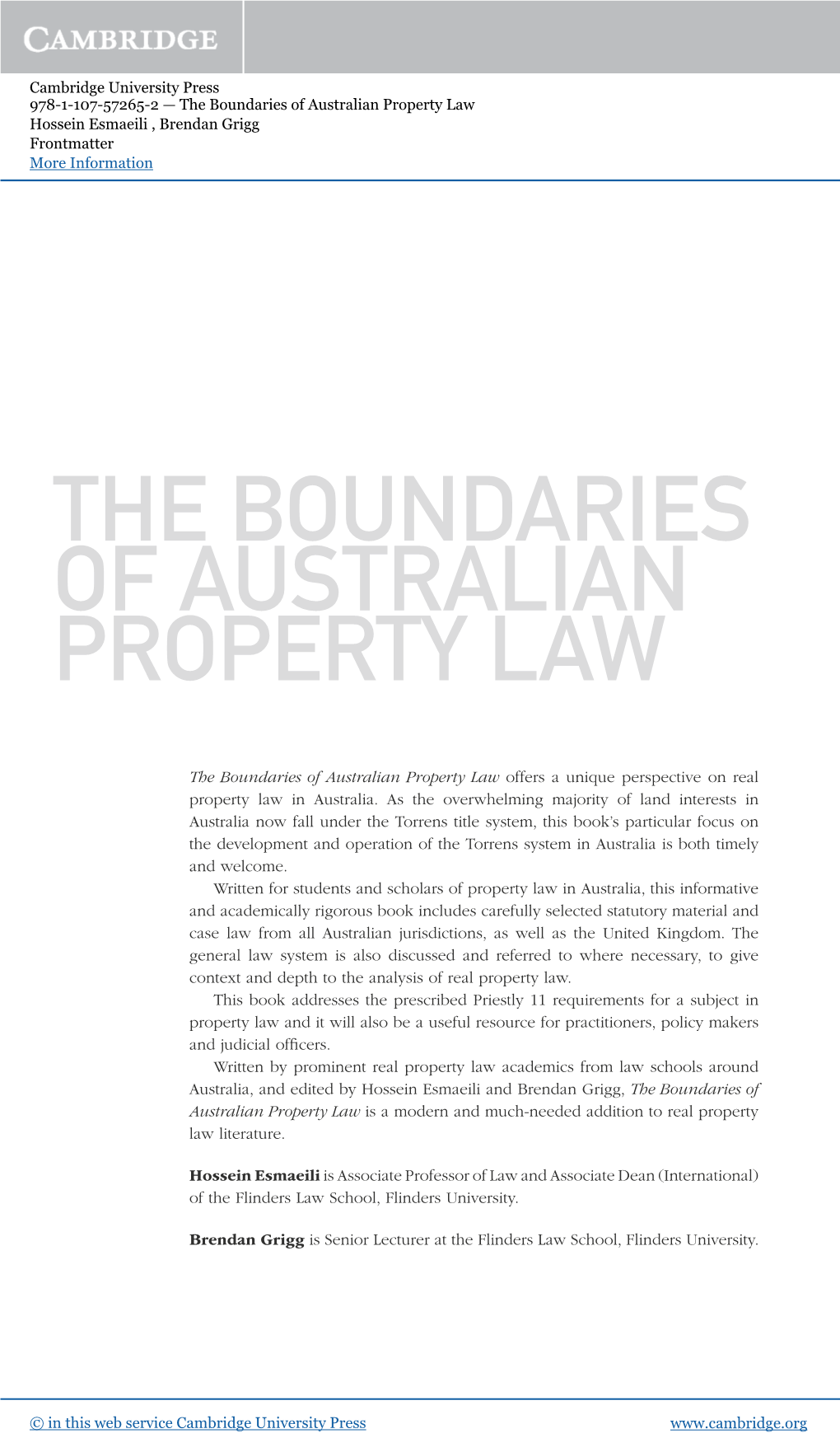 The Boundaries of Australian Property Law Hossein Esmaeili , Brendan Grigg Frontmatter More Information