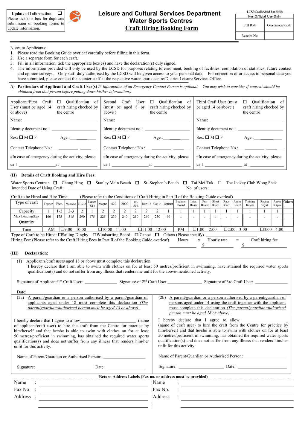 Water Sports Centres Submission of Booking Forms to Full Rate Concessionary Rate Update Information