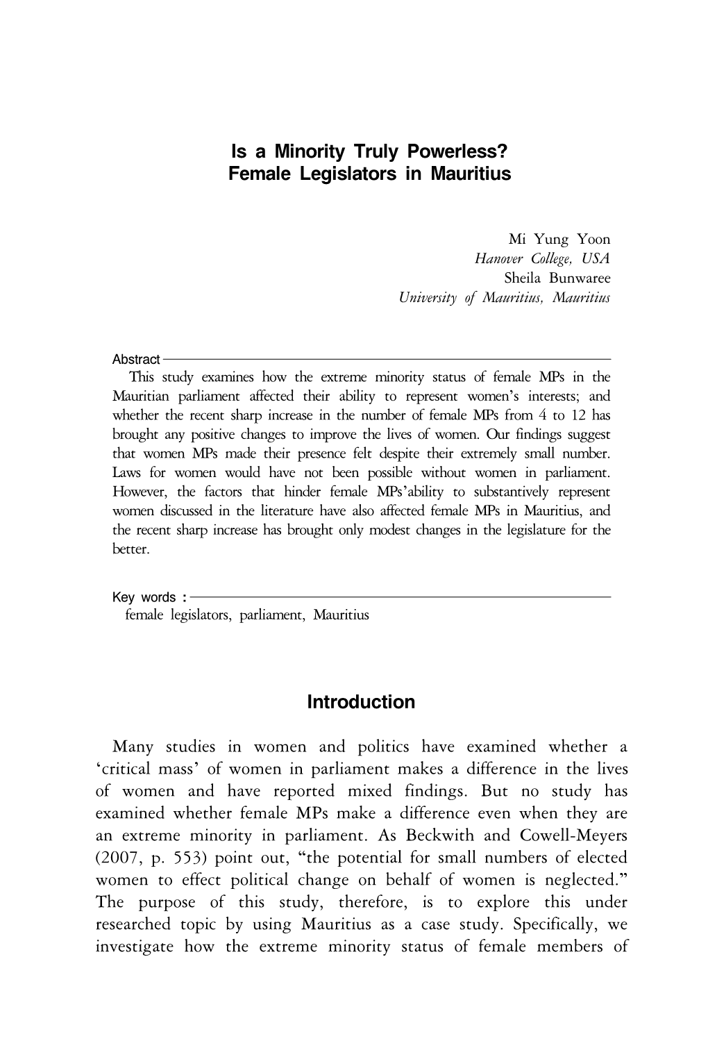 Is a Minority Truly Powerless? Female Legislators in Mauritius Introduction