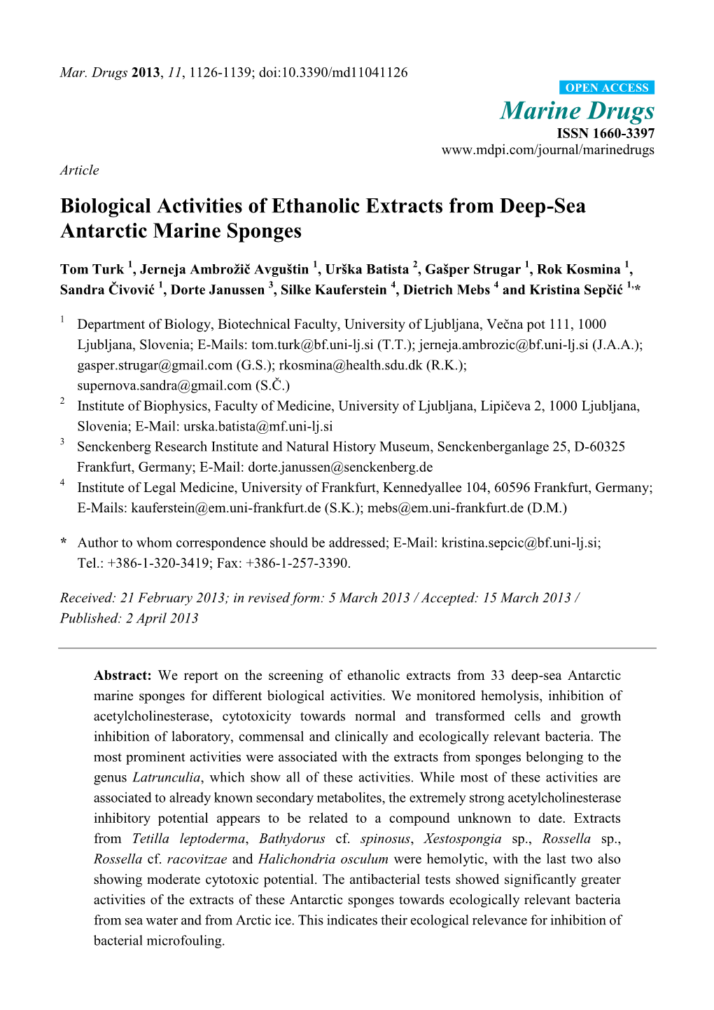 Biological Activities of Ethanolic Extracts from Deep-Sea Antarctic Marine Sponges