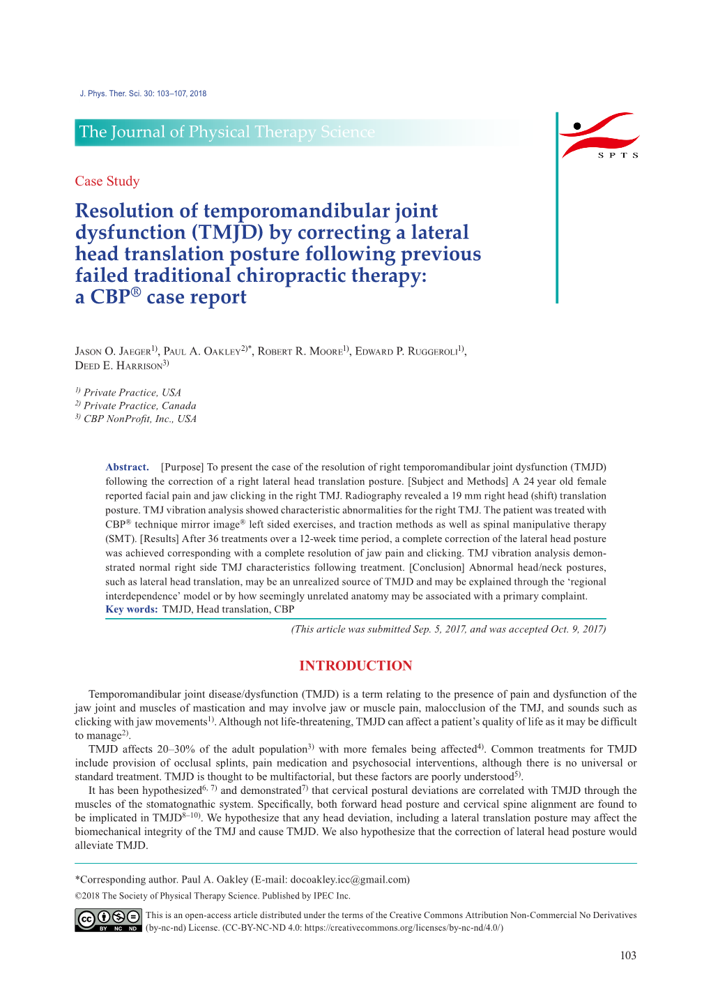 By Correcting a Lateral Head Translation Posture Following Previous Failed Traditional Chiropractic Therapy: a CBP® Case Report