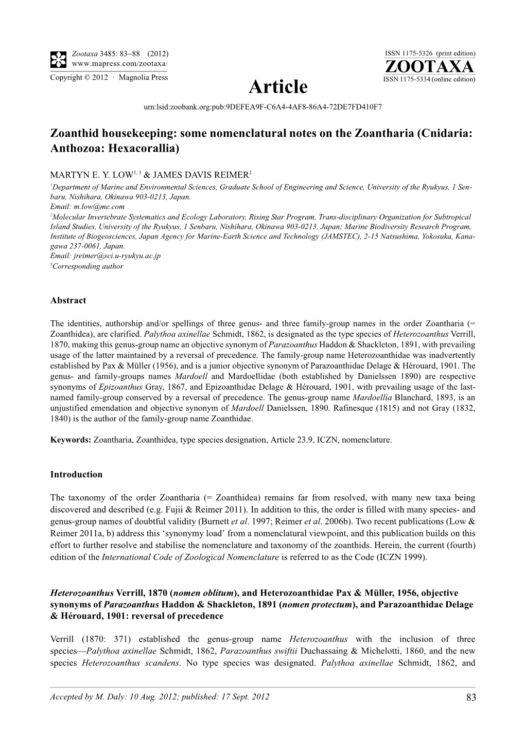 Zoanthid Housekeeping: Some Nomenclatural Notes on the Zoantharia (Cnidaria: Anthozoa: Hexacorallia)