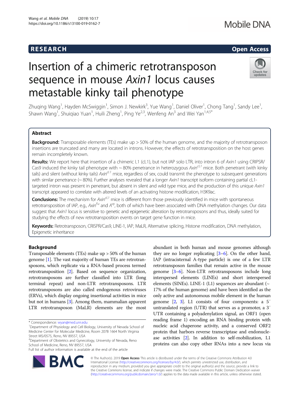 Insertion of a Chimeric Retrotransposon Sequence in Mouse Axin1 Locus Causes Metastable Kinky Tail Phenotype Zhuqing Wang1, Hayden Mcswiggin1, Simon J