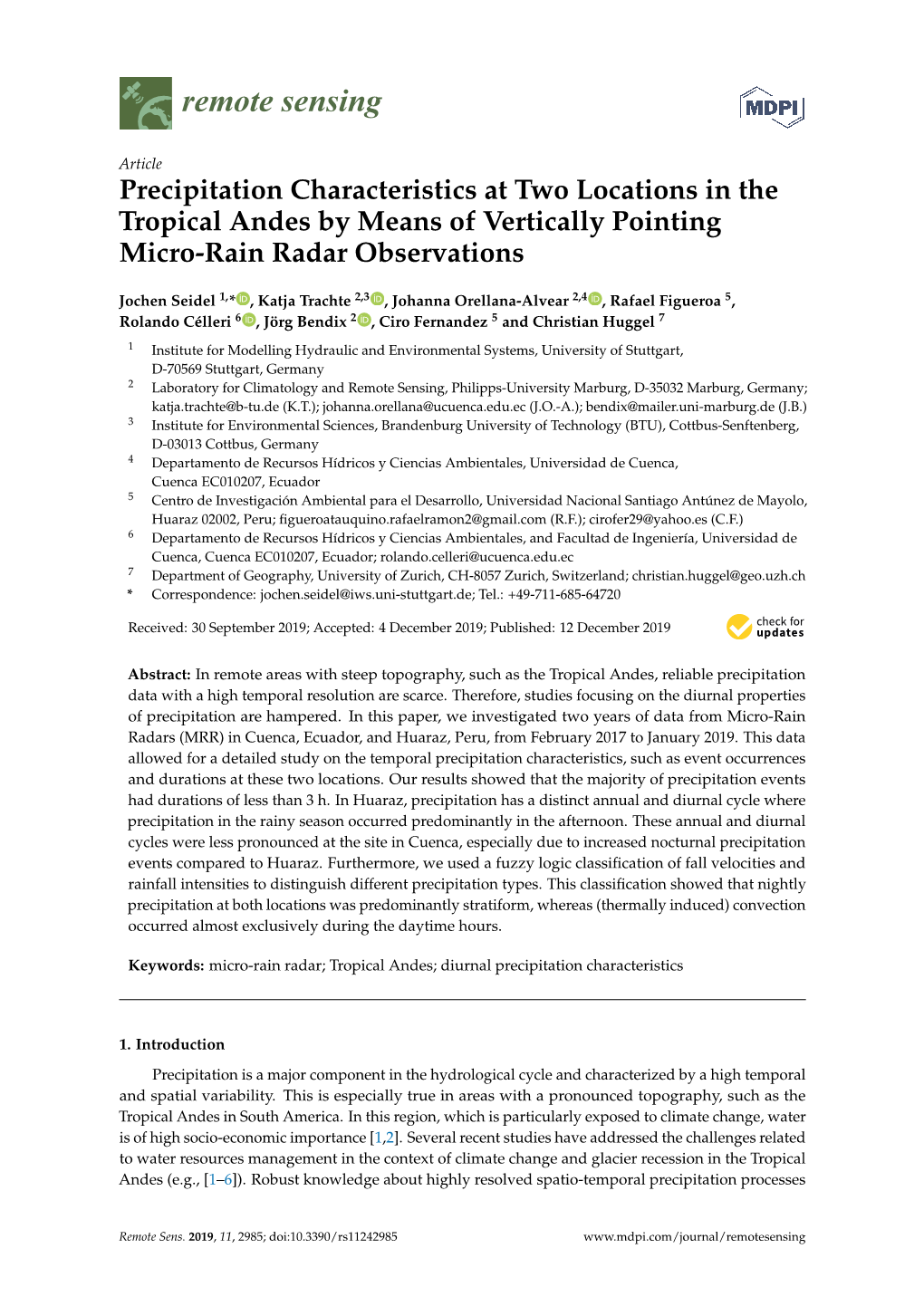 Precipitation Characteristics at Two Locations in the Tropical Andes by Means of Vertically Pointing Micro-Rain Radar Observations