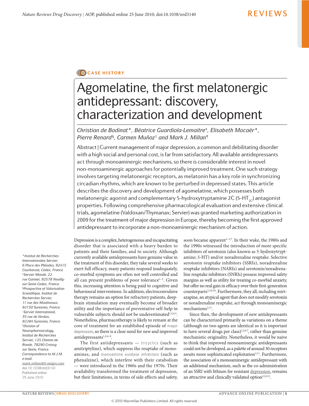 Agomelatine, the First Melatonergic Antidepressant: Discovery, Characterization and Development