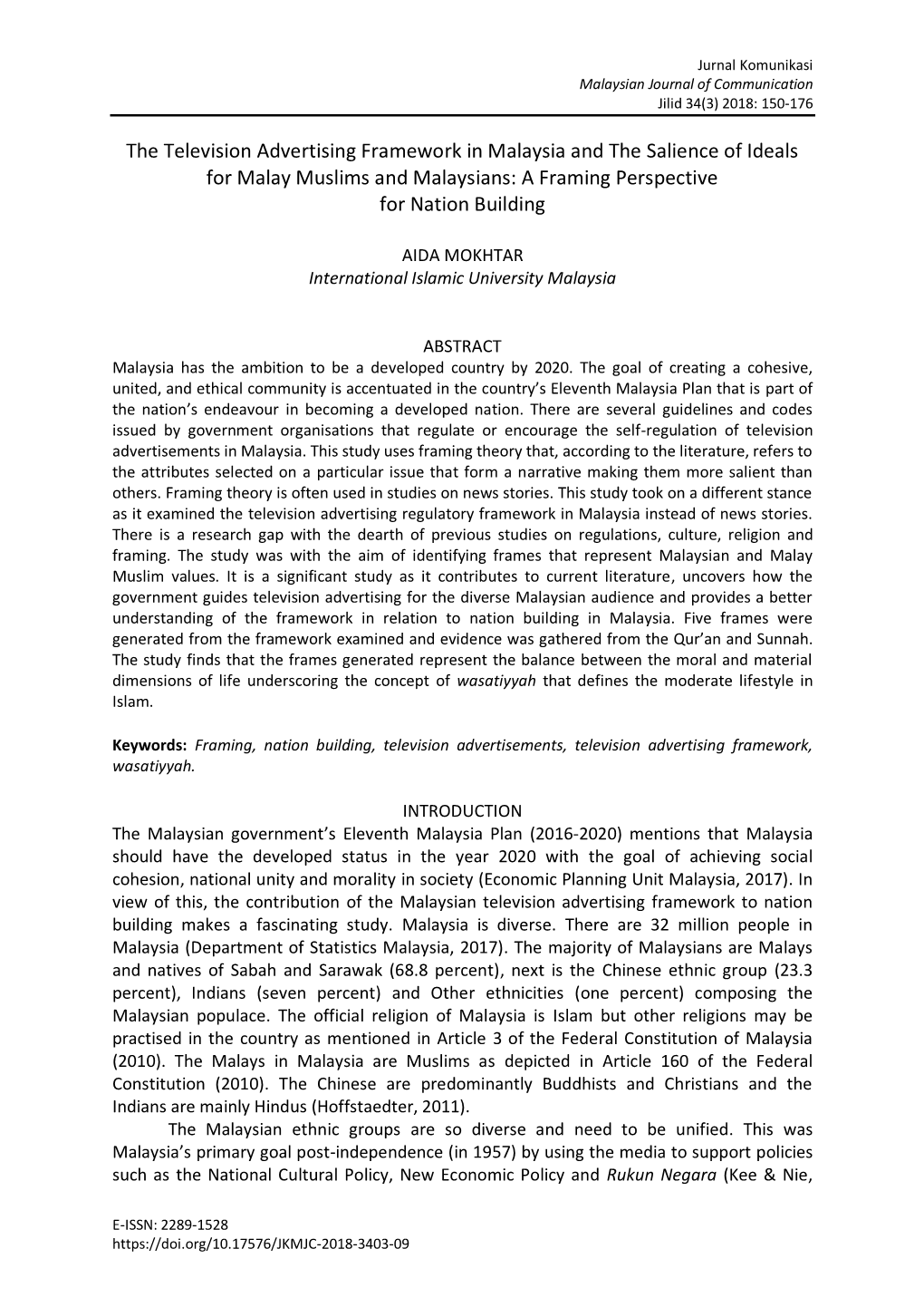 The Television Advertising Framework in Malaysia and the Salience of Ideals for Malay Muslims and Malaysians: a Framing Perspective for Nation Building