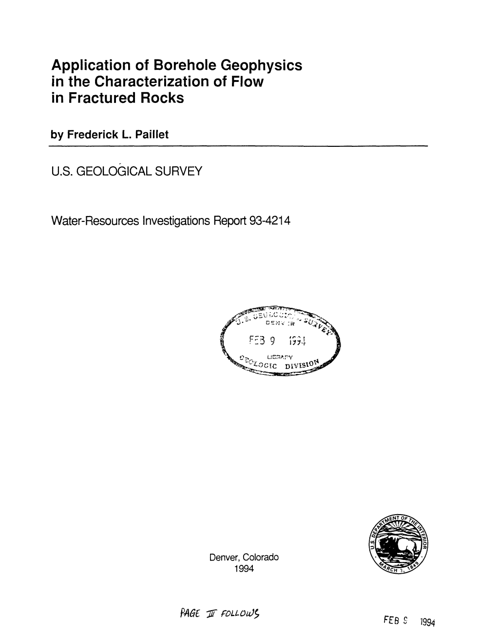 Application of Borehole Geophysics in the Characterization of Flow in Fractured Rocks by Frederick L