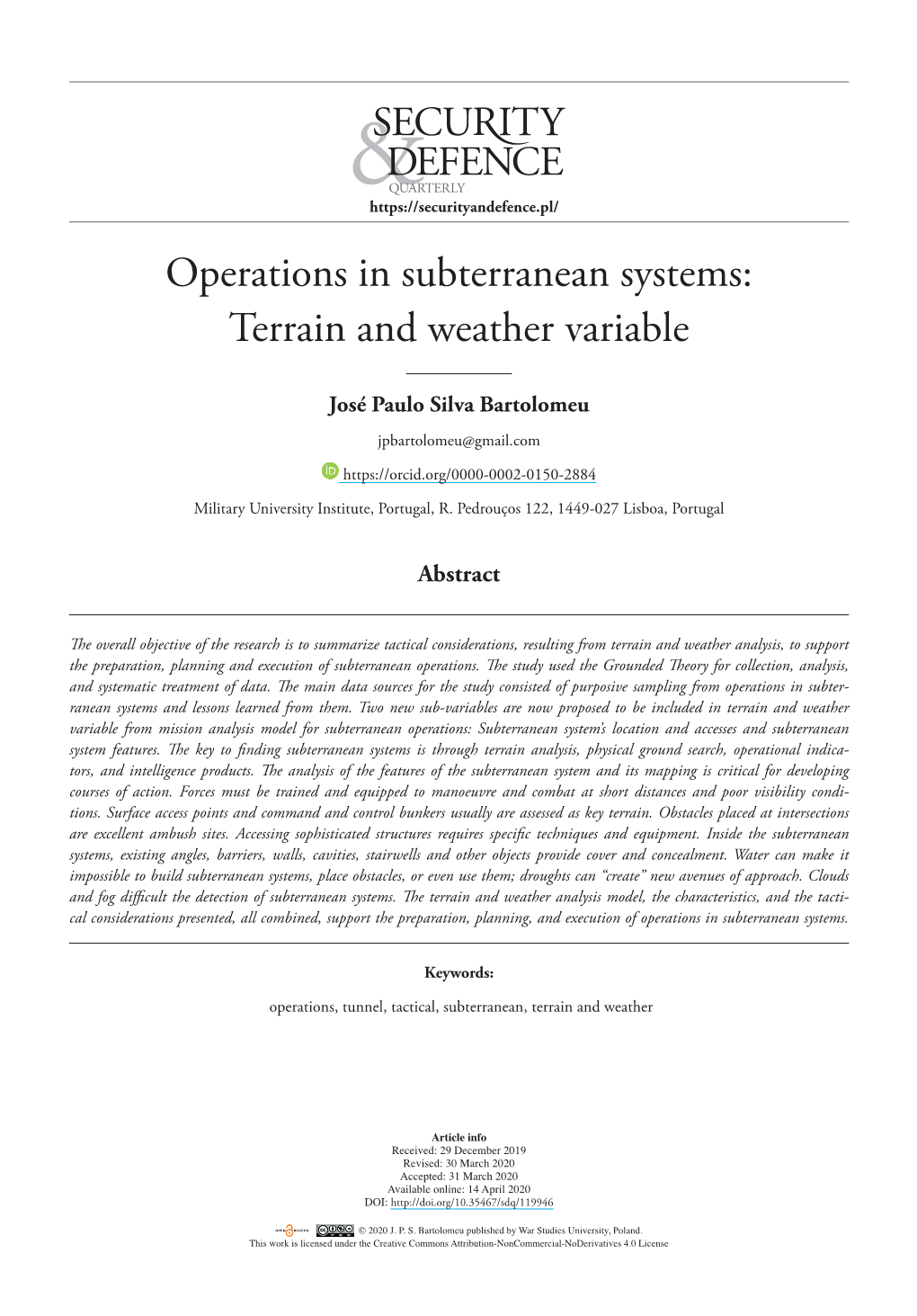 Operations in Subterranean Systems: Terrain and Weather Variable