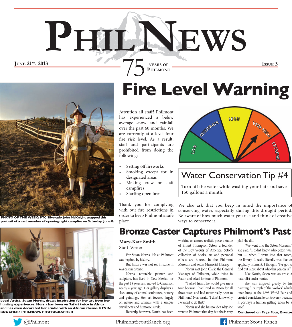 Philnews Th June 21 , 2013 Years of Issue 3 75 Philmont Fire Level Warning