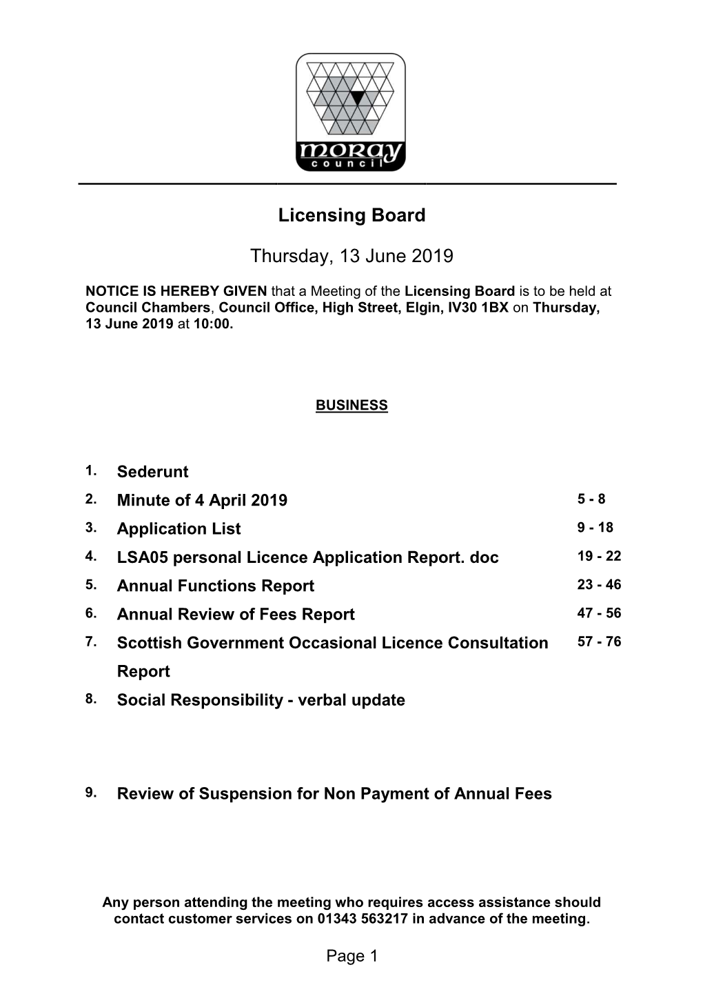 Licensing Board Thursday, 13 June 2019