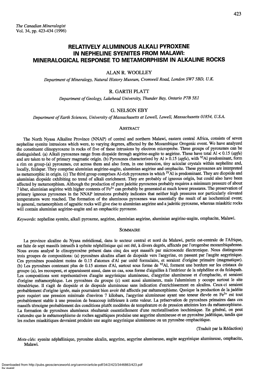 Relatively Aluminous Alkali Pyroxene in Nepheline