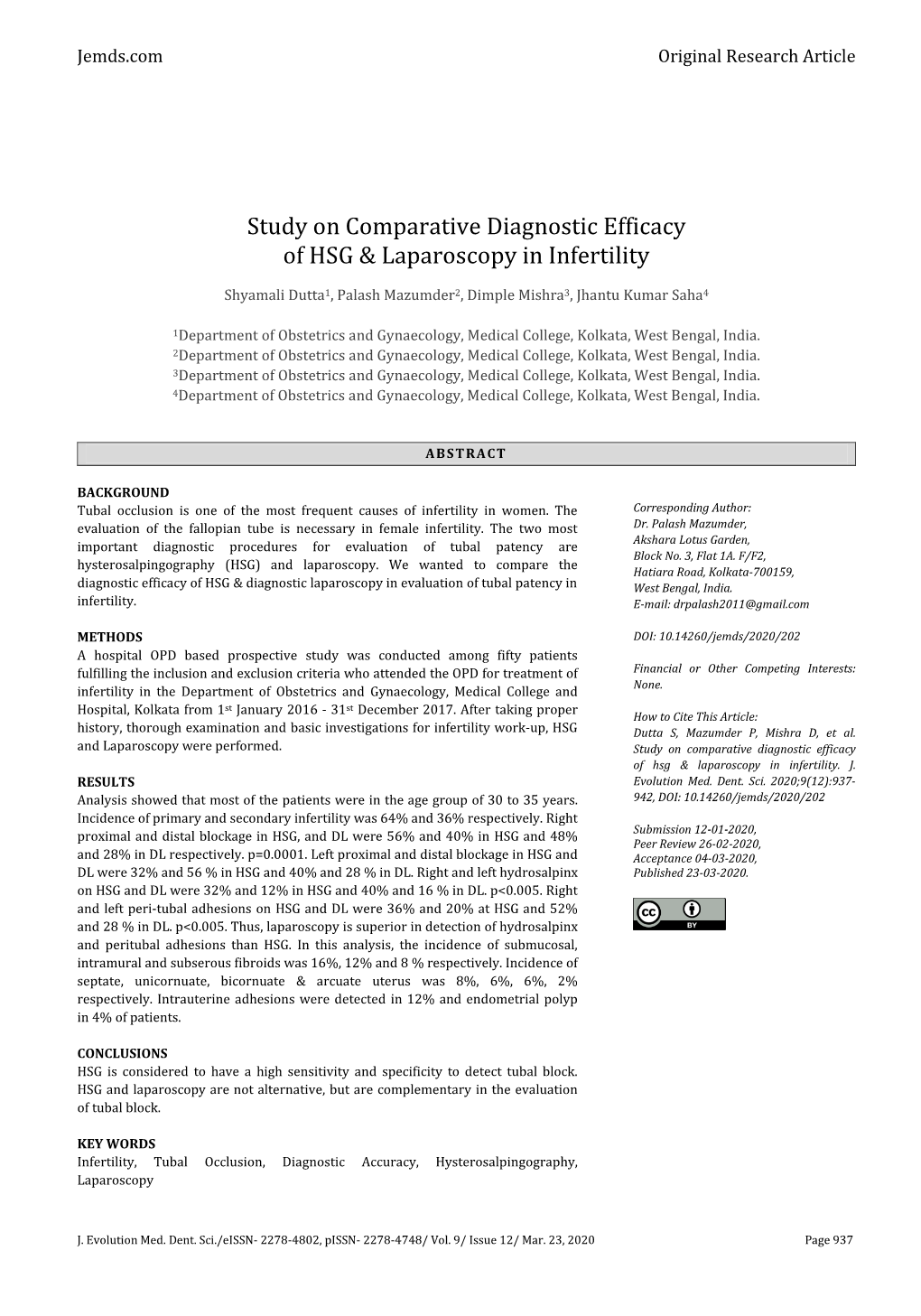 Study on Comparative Diagnostic Efficacy of HSG & Laparoscopy In