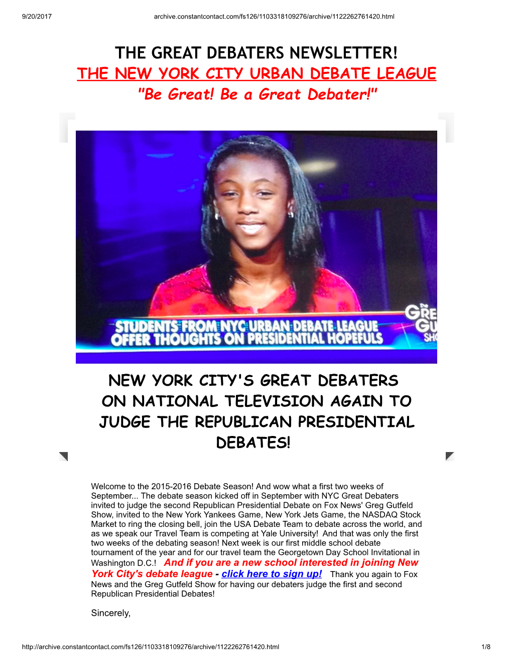 THE GREAT DEBATERS NEWSLETTER! the NEW YORK CITY URBAN DEBATE LEAGUE 