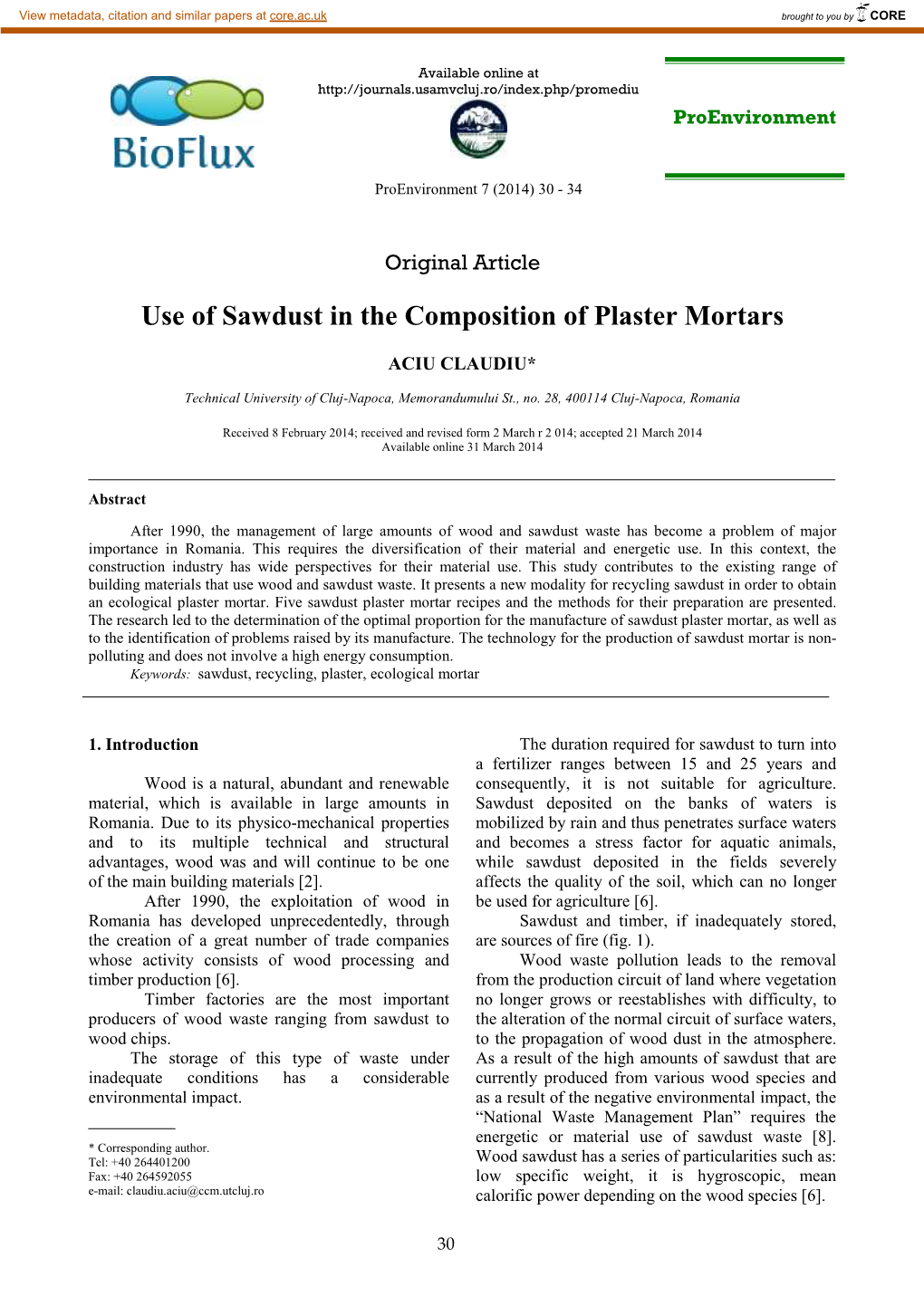 Use of Sawdust in the Composition of Plaster Mortars