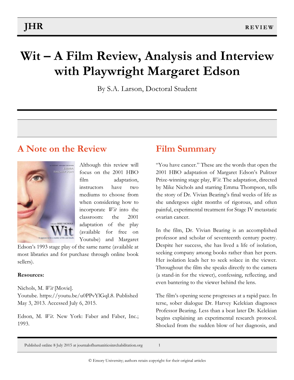 Wit – a Film Review, Analysis and Interview with Playwright Margaret Edson by S.A