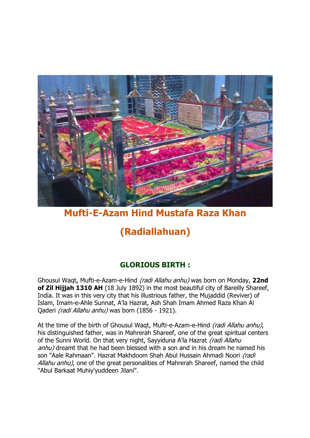 Mufti-E-Azam Hind Mustafa Raza Khan (Radiallahuan)