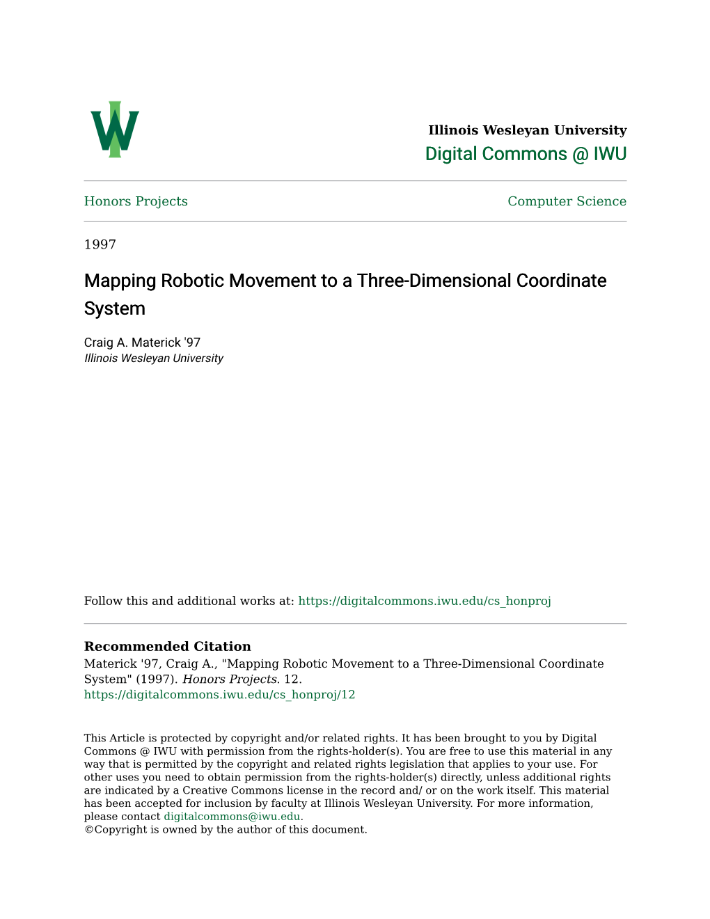 Mapping Robotic Movement to a Three-Dimensional Coordinate System