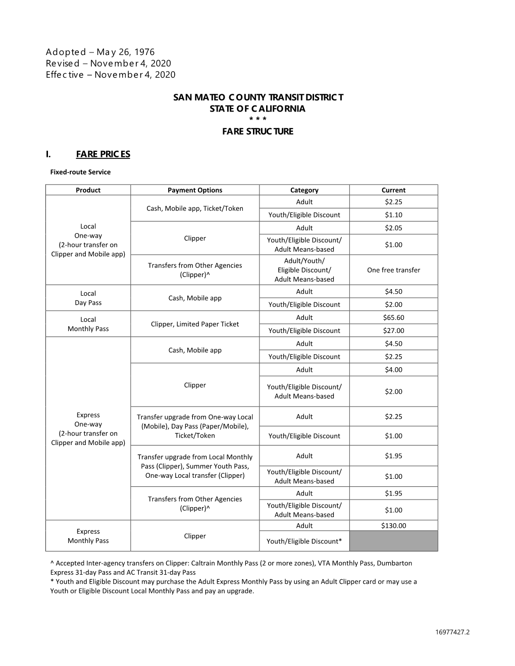 November 4, 2020 SAN MATEO COUNTY TRANSIT DISTRICT STATE