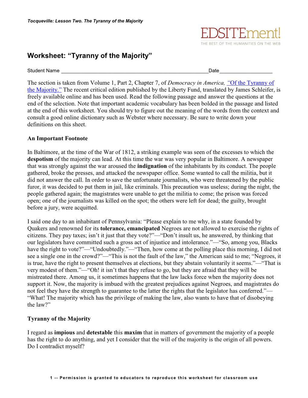 Worksheet: “Tyranny of the Majority”