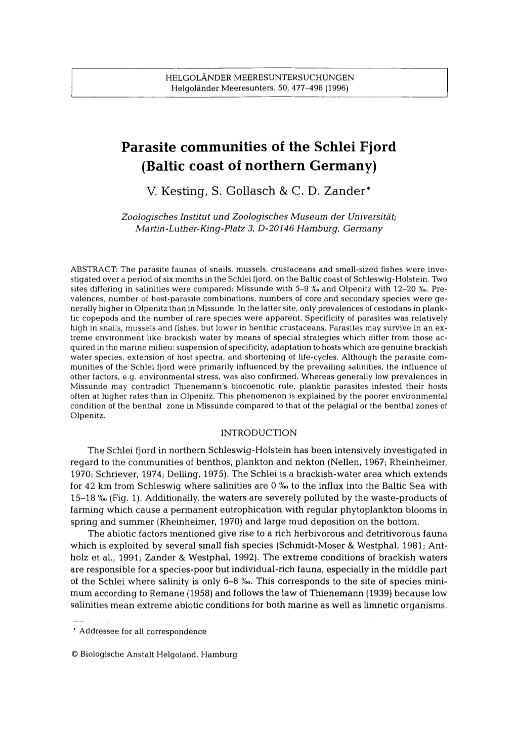 Parasite Communities of the Schlei Fjord (Baltic Coast of Northern Germany) V