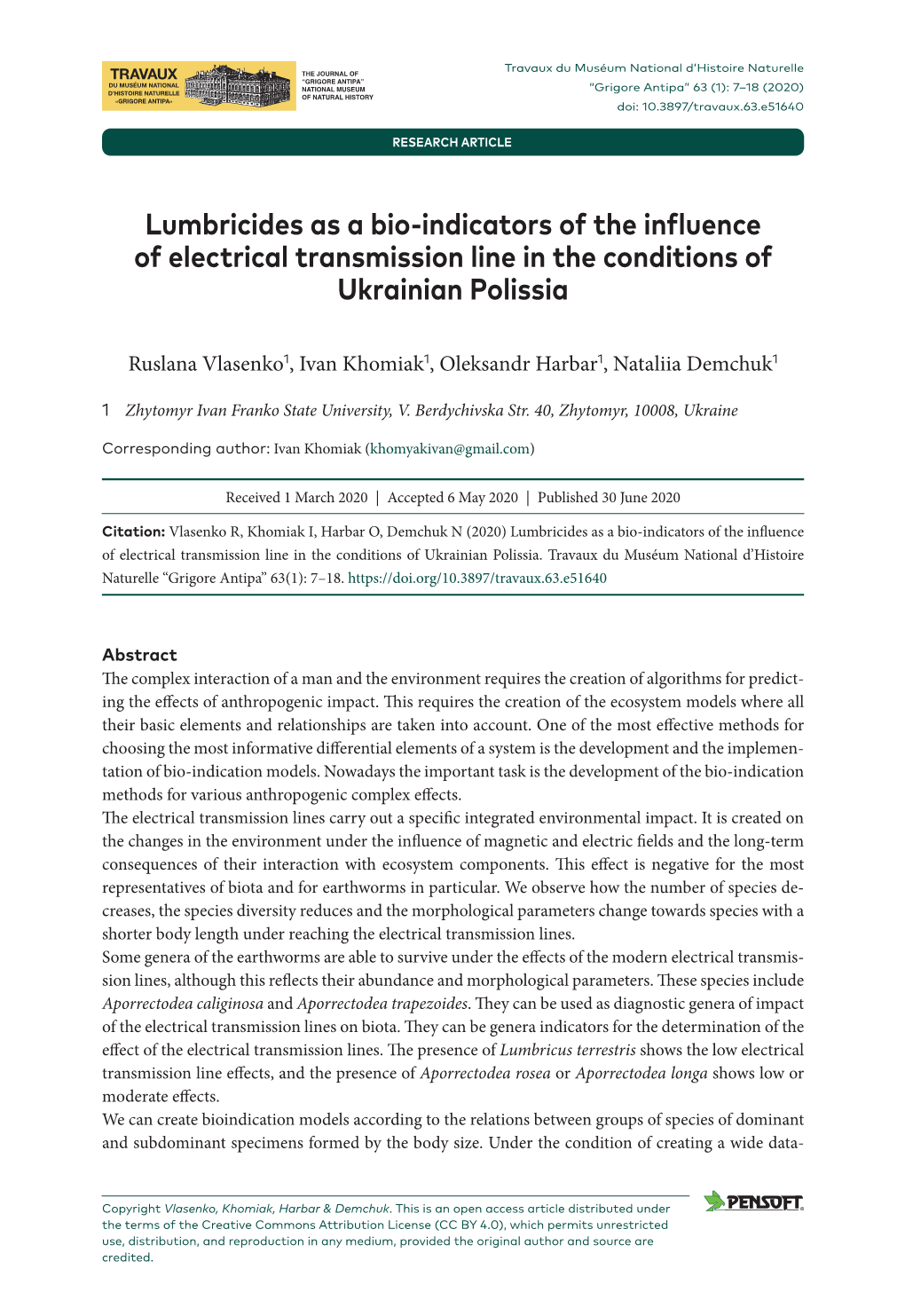 Lumbricides As a Bio-Indicators of the Influence of Electrical Transmission Line in the Conditions of Ukrainian Polissia