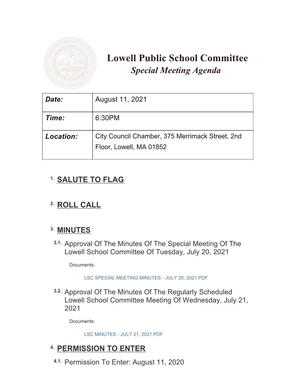 Lowell Public School Committee Special Meeting Agenda