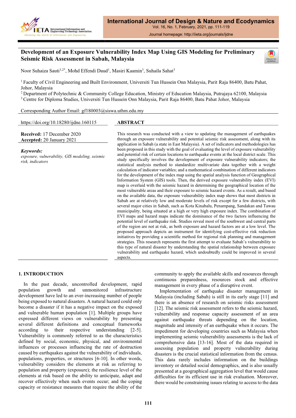 Development of an Exposure Vulnerability Index Map Using GIS Modeling for Preliminary Seismic Risk Assessment in Sabah, Malaysia