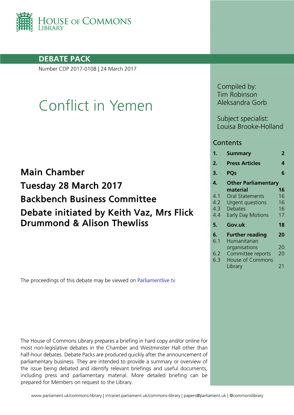 Conflict in Yemen Subject Specialist: Louisa Brooke-Holland