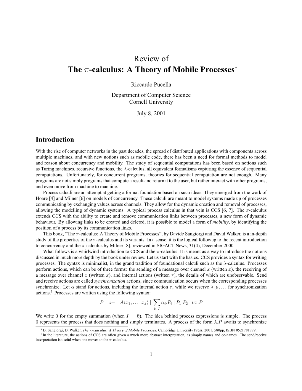 Review of the Π-Calculus: a Theory of Mobile Processes∗