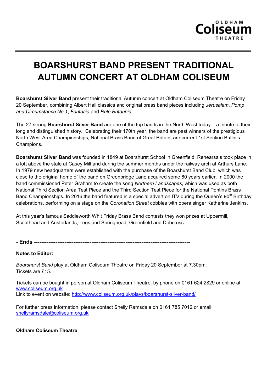 Boarshurst Band Present Traditional Autumn Concert at Oldham Coliseum