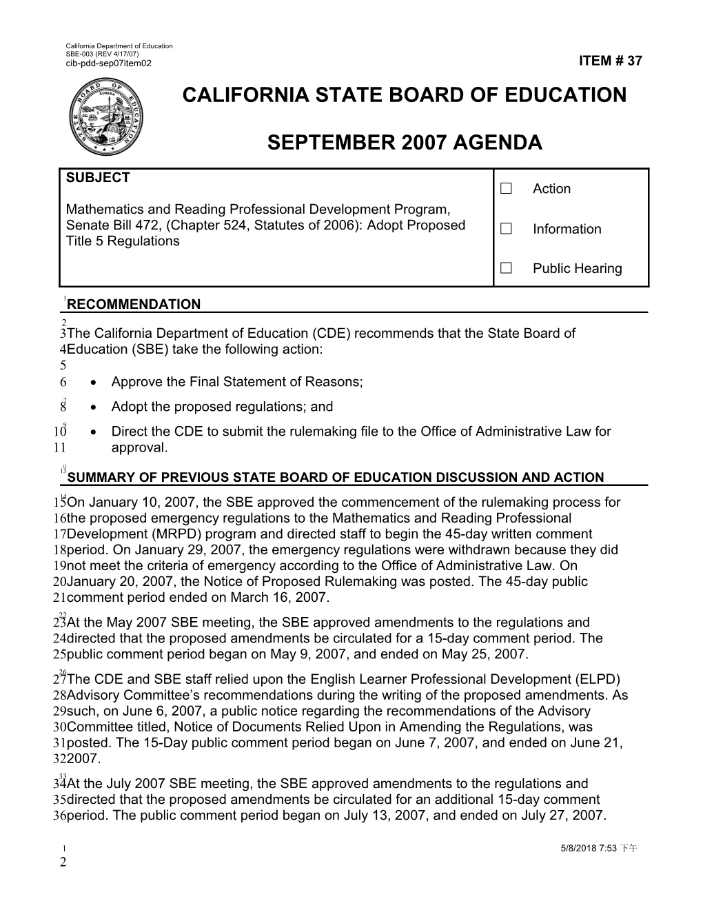 September 2007 Agenda Item 37 - Meeting Agendas (CA State Board of Education)