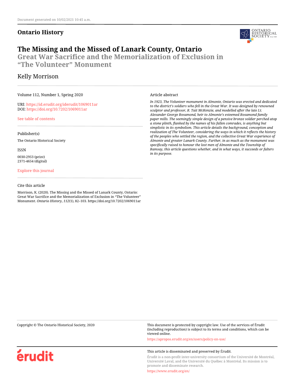 The Missing and the Missed of Lanark County, Ontario: Great War Sacrifice and the Memorialization of Exclusion in “The Volunteer” Monument