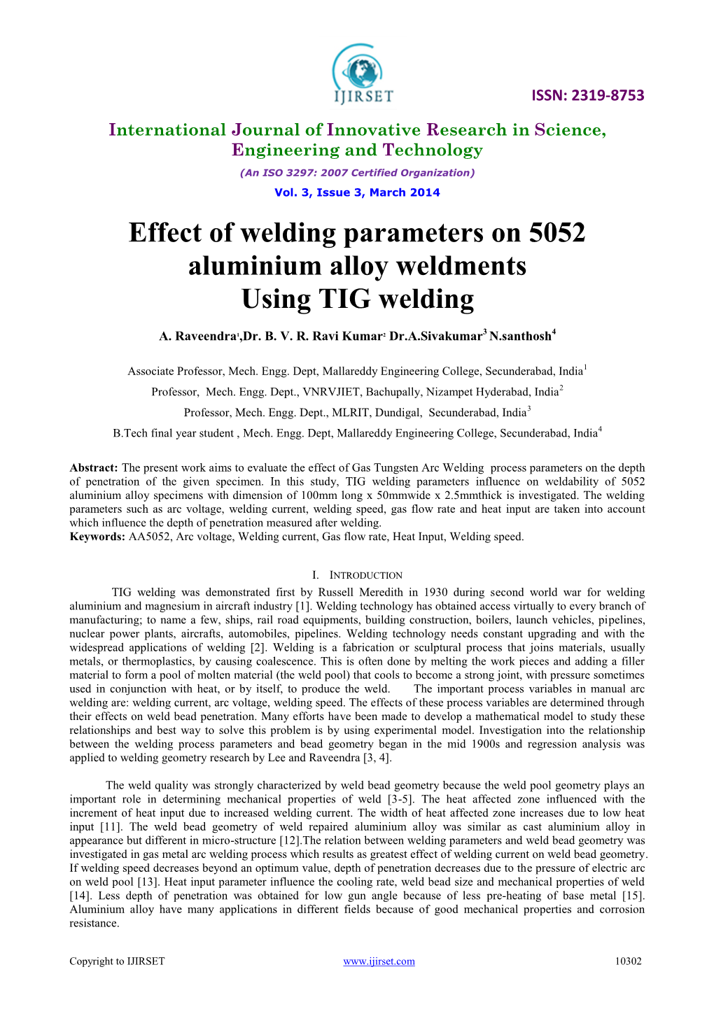 Effect of Welding Parameters on 5052 Aluminium Alloy Weldments Using TIG Welding