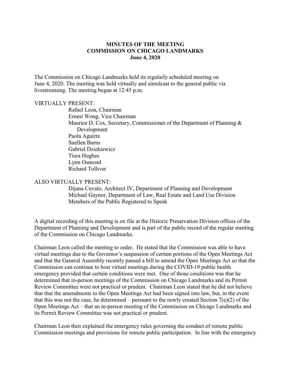 MINUTES of the MEETING COMMISSION on CHICAGO LANDMARKS June 4, 2020