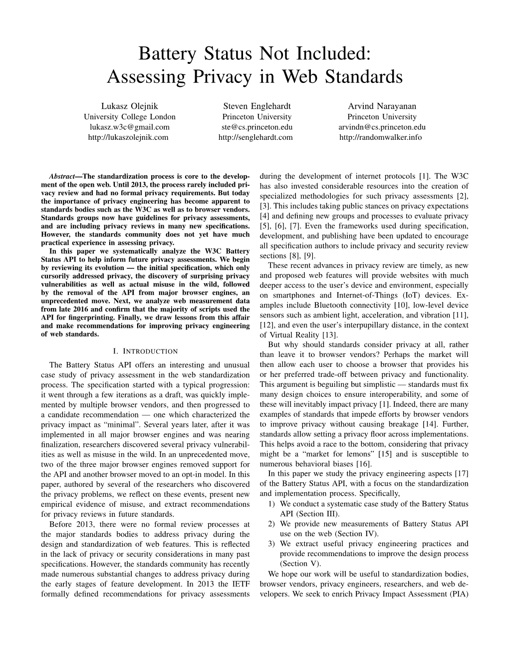 Battery Status Not Included: Assessing Privacy in Web Standards