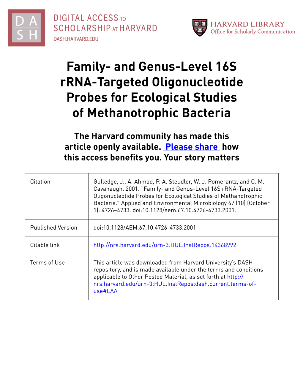 And Genus-Level 16S Rrna-Targeted Oligonucleotide Probes for Ecological Studies of Methanotrophic Bacteria