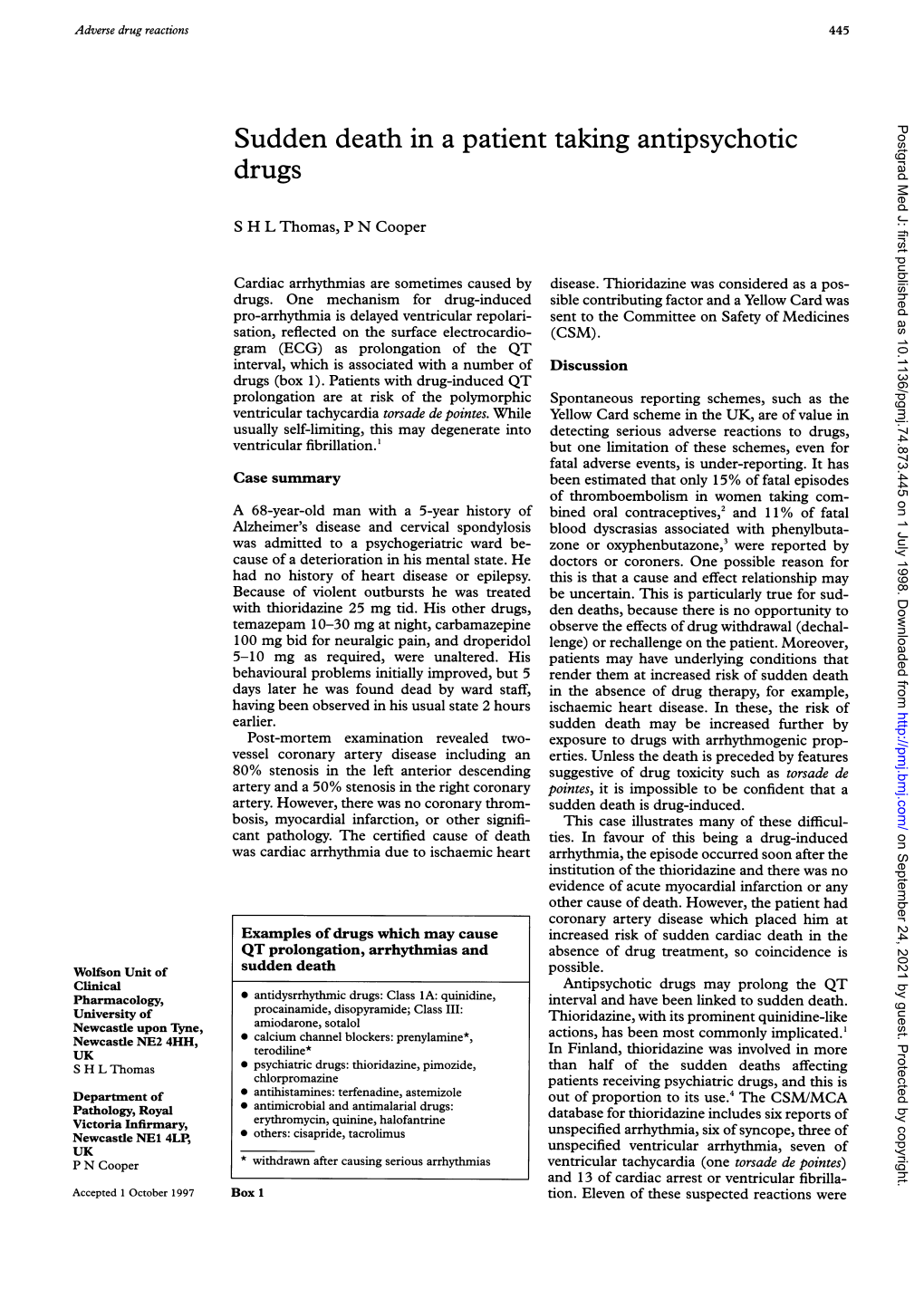 Sudden Death in a Patient Taking Antipsychotic Drugs