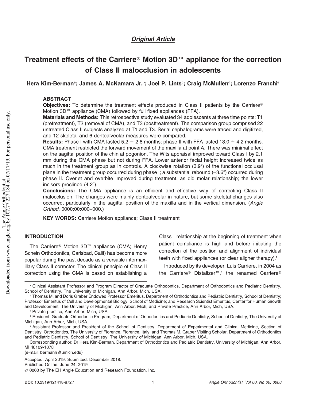Treatment Effects of the Carrieret Motion 3De Appliance for the Correction of Class II Malocclusion in Adolescents