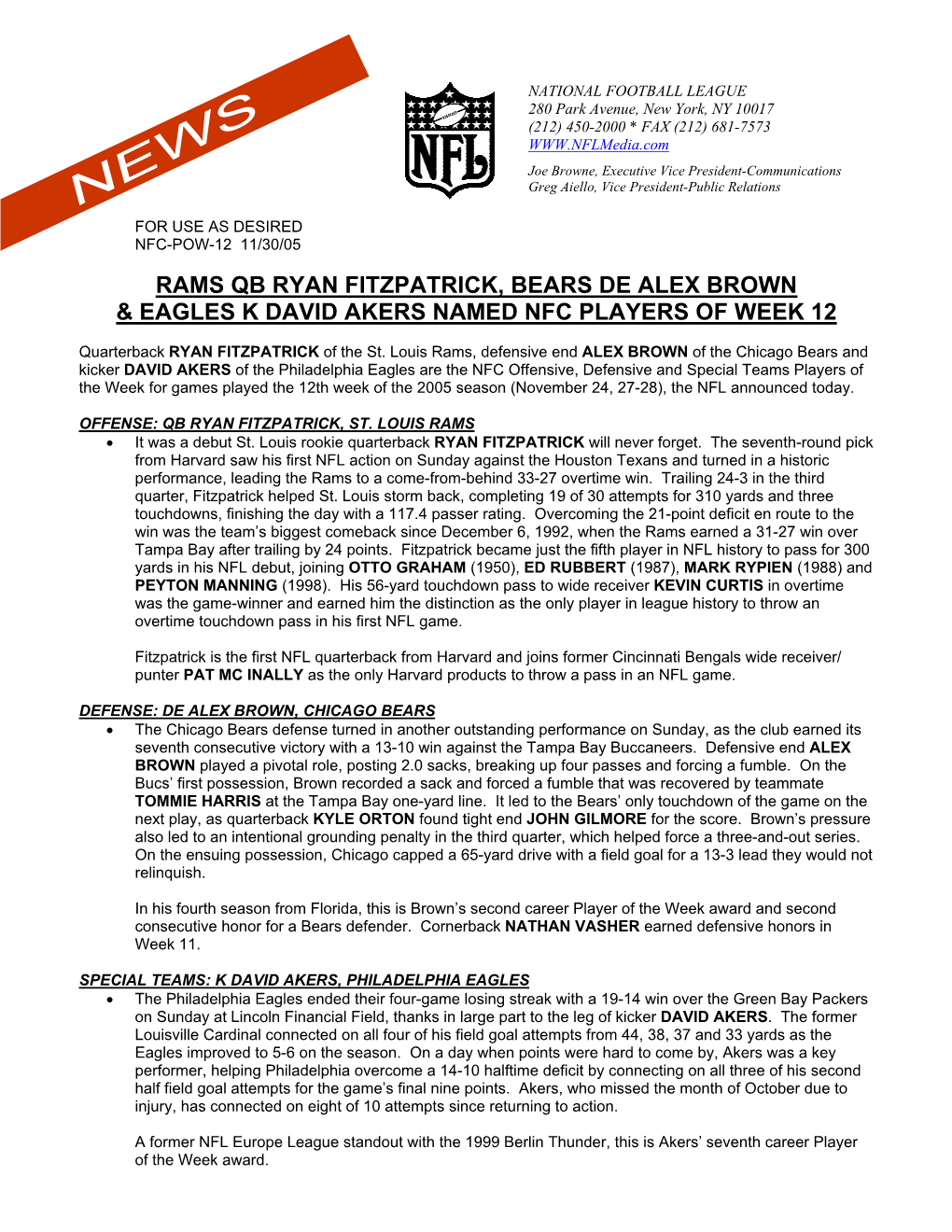 Rams Qb Ryan Fitzpatrick, Bears De Alex Brown & Eagles K David Akers Named Nfc Players of Week 12